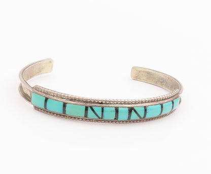 925 Sterling Silver Vintage Bracelet NAVAJO ZUNI Turquoise Inlay Cuff  BT11970
