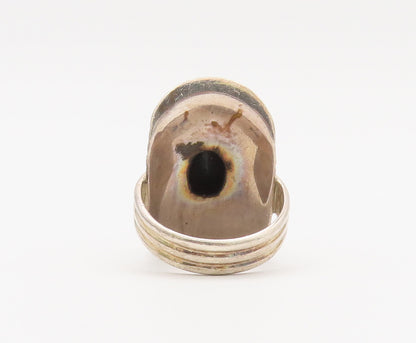 925 Sterling Silver Vintage Ring Dented Shield Beaded Oval Onyx Sz 11 RG27823