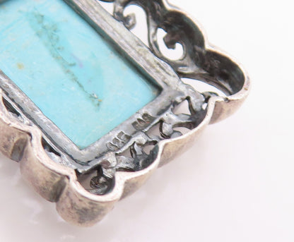 925 Sterling Silver Vintage Pendant Blue Turquoise Rectangle Scrollwork  PT25827