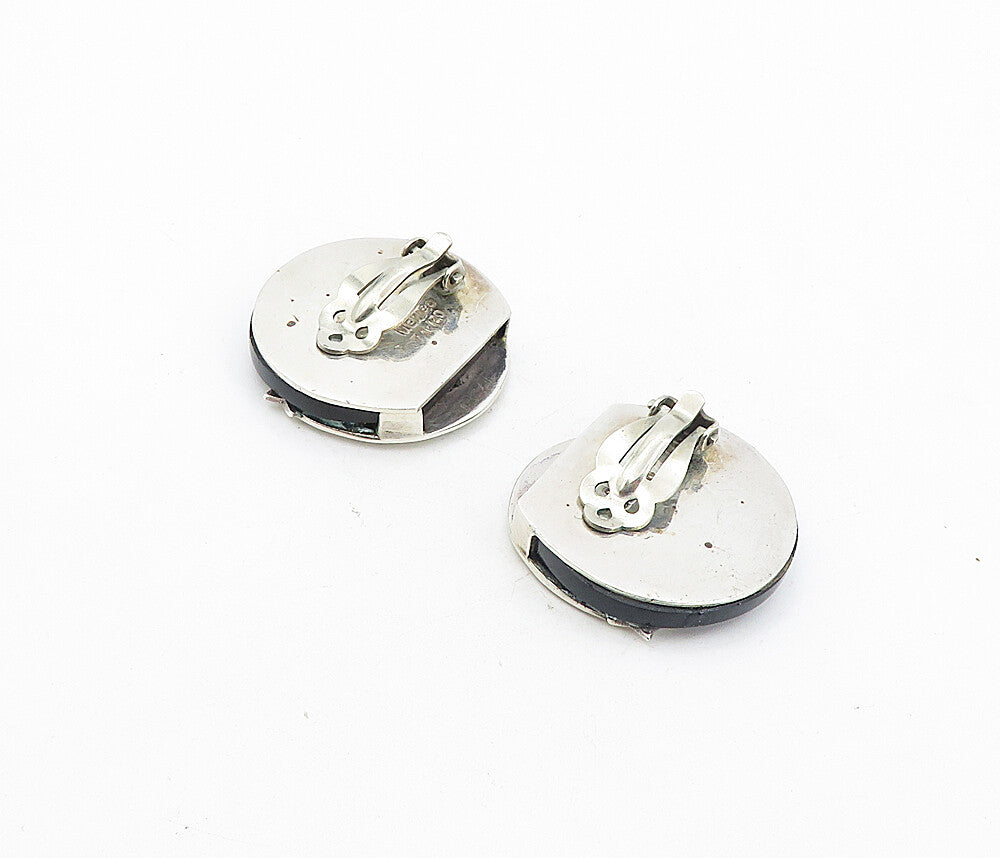 MEXICO 925 Silver  Vintage Black Onyx Moon & Stars Non Pierce Earrings  EG4337
