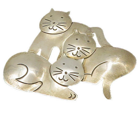 MEXICO 925 Sterling Silver  Vintage Shiny Cat Family Love Brooch Pin  BP8811