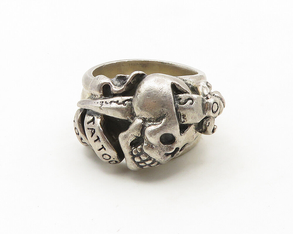 ED HARDY 925 Silver  Vintage Heavy Skull Head Large Band Ring Sz 13  RG18806