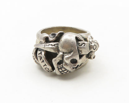 ED HARDY 925 Silver  Vintage Heavy Skull Head Large Band Ring Sz 13  RG18806