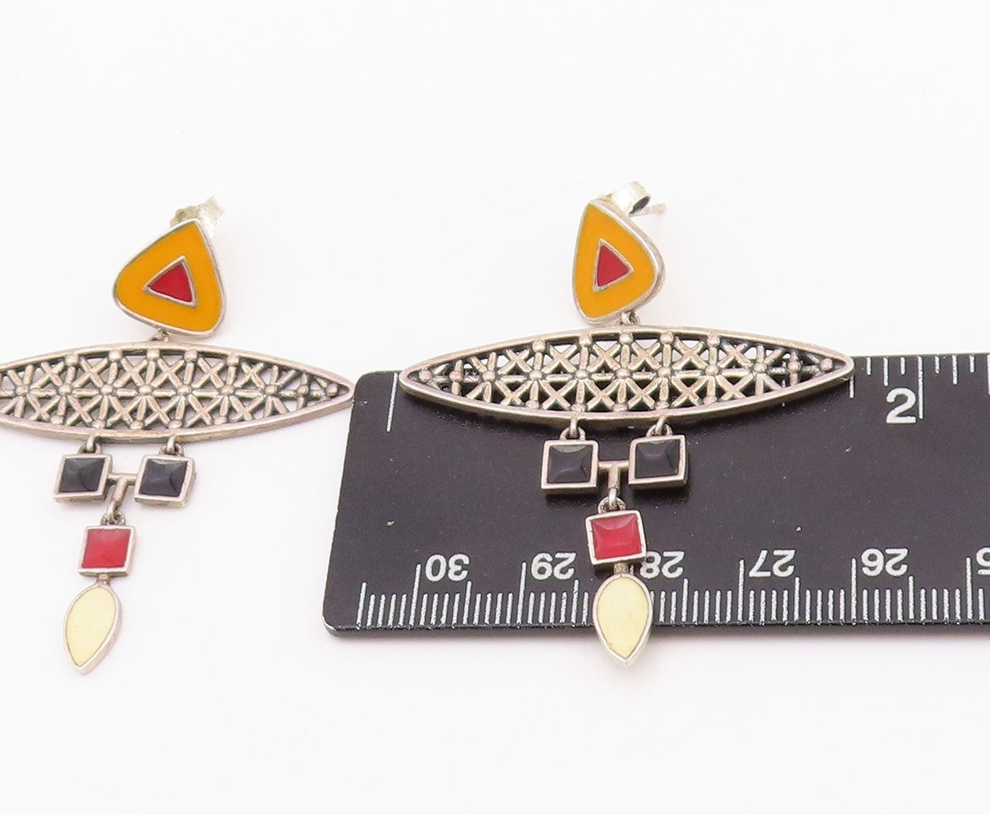 925 Sterling Silver Vintage Earrings Enameled Geometric Design Cut  EG13659