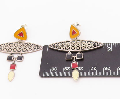925 Sterling Silver Vintage Earrings Enameled Geometric Design Cut  EG13659
