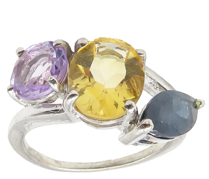 925 Sterling Silver  Amethyst Citrine & Sapphire Shiny Band Ring Sz 7  RG10549