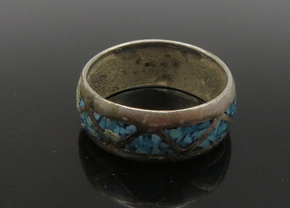 SOUTHWESTERN 925 Silver Vintage Turquoise Pattern Band Ring Sz 8 RG22895
