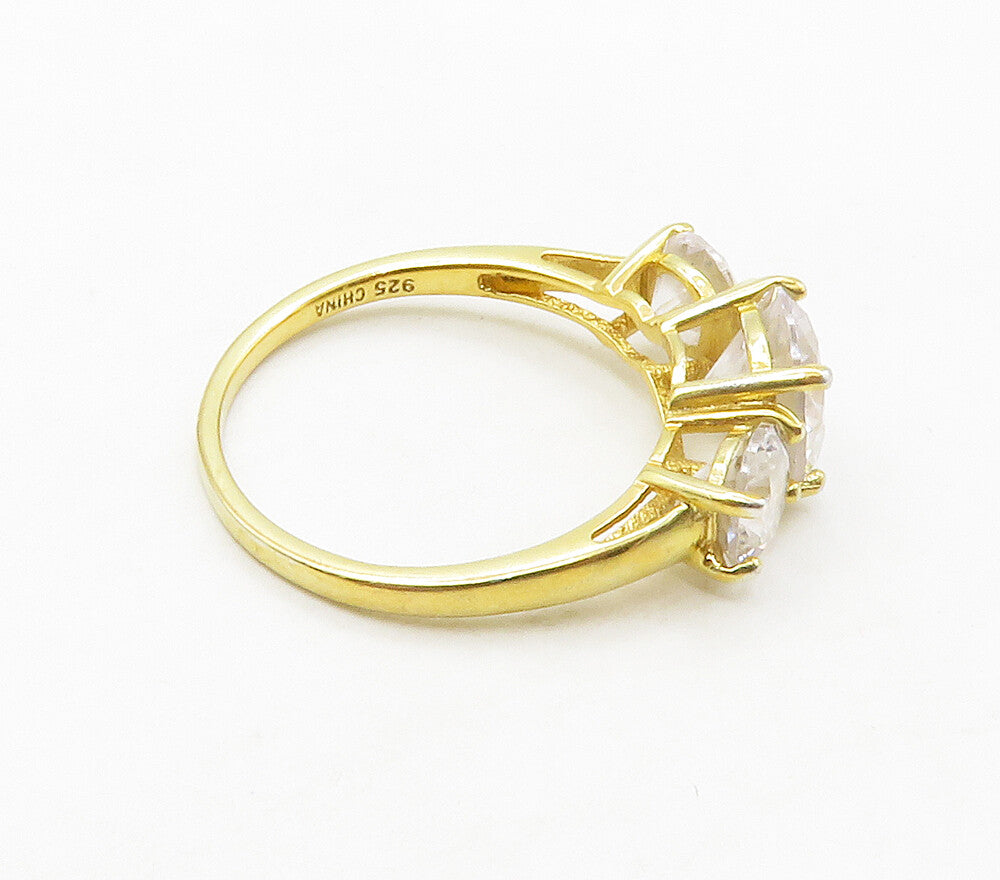 925 Sterling Silver  Cubic Zirconia Gold Plated 3 Stone Band Ring Sz 6 RG16826