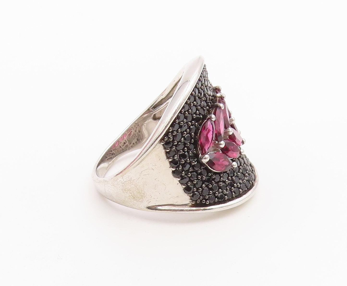 925 Sterling Silver Vintage Ring Garnet & Spinel Floral Band  Sz 11  RG36498
