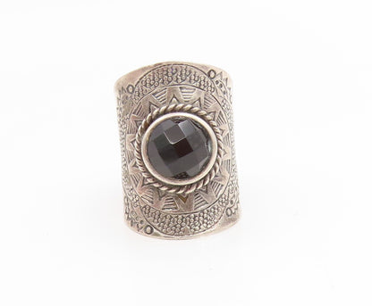 925 Sterling Silver Vintage Ring Faceted Black Onyx Etched Band  Sz 7.5  RG35186
