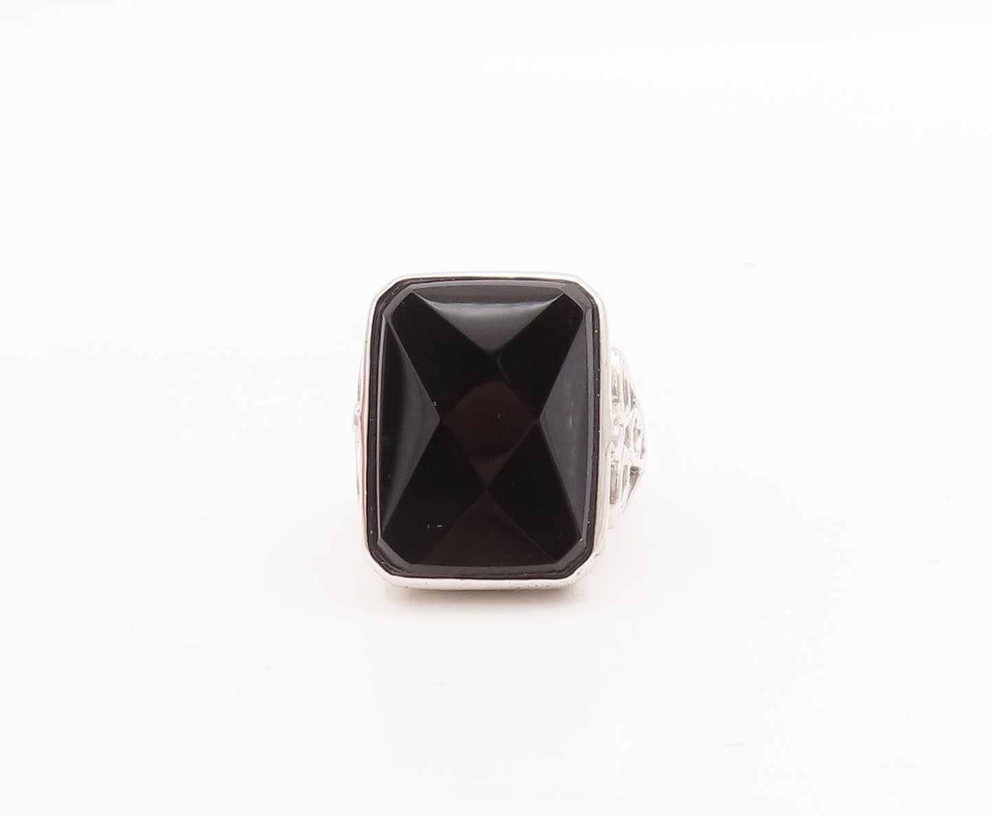 925 Sterling Silver Vintage Ring Rectangle Cut Onyx Carved Band  Sz 6.5  RG29279