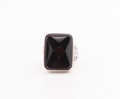 925 Sterling Silver Vintage Ring Rectangle Cut Onyx Carved Band  Sz 6.5  RG29279
