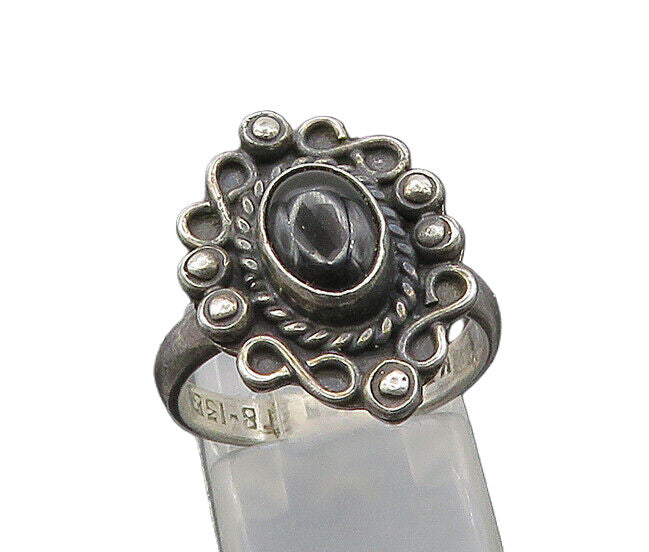 MEXICO 925 Silver  Vintage Black Onyx Floral Motif Band Ring Sz 6.5  RG20954