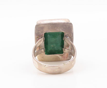 925 Sterling Silver Vintage Ring Rectangle Green Gemstone Inlay  Sz 7  RG30178