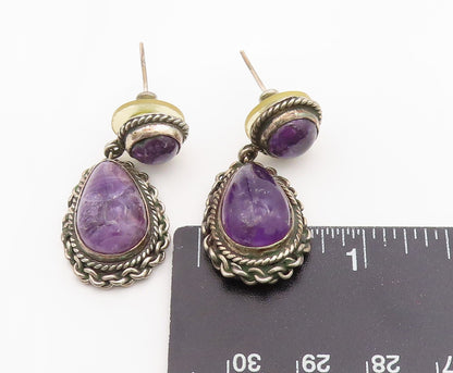 925 Sterling Silver Vintage Earrings Real Cabochon Amethyst Teardrop  EG13839