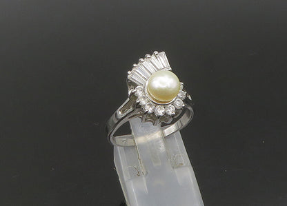 925 Sterling Silver  Vintage Pearl & Cubic Zirconia Band Ring Sz 8  RG23282