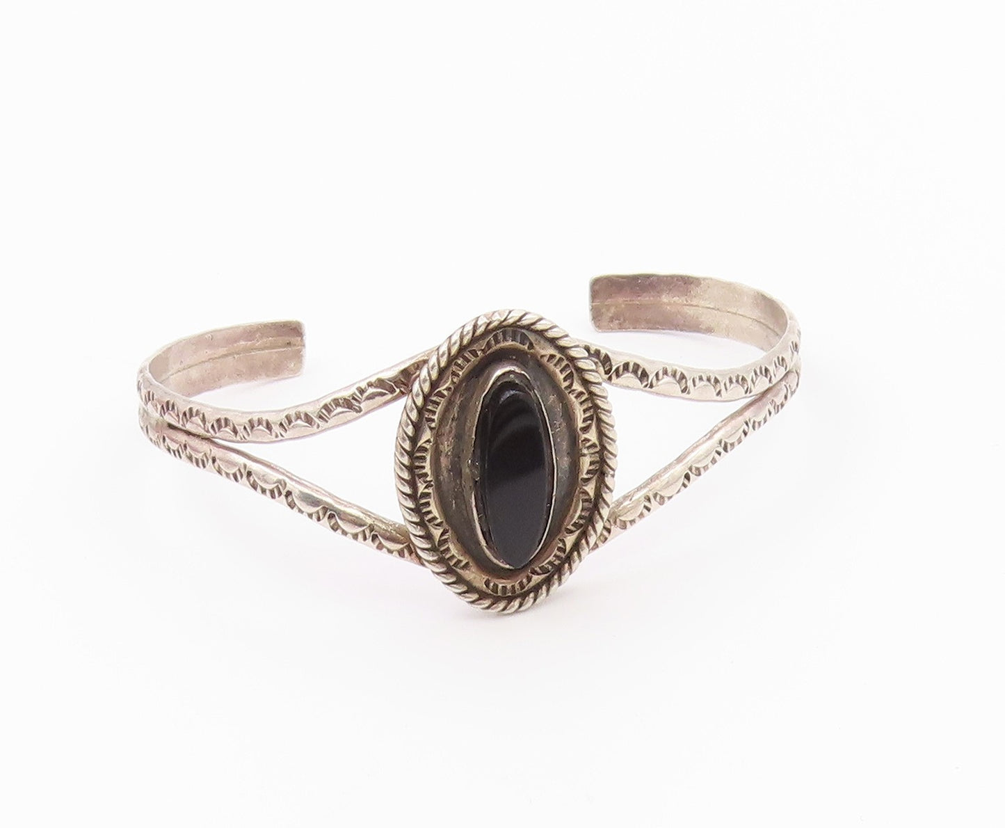 RB NAVAJO 925 Sterling Silver  Vintage Black Onyx Split Cuff Bracelet  BT8145