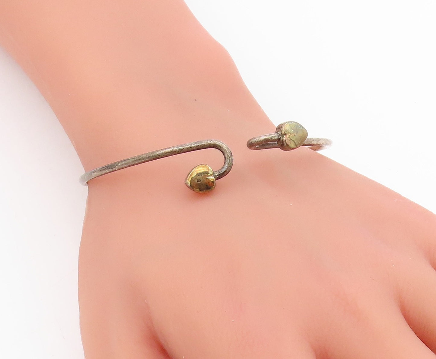 18k Gold & 925 Sterling Silver Vintage Bracelet TIFFANY Dual Love Heart  BT11513