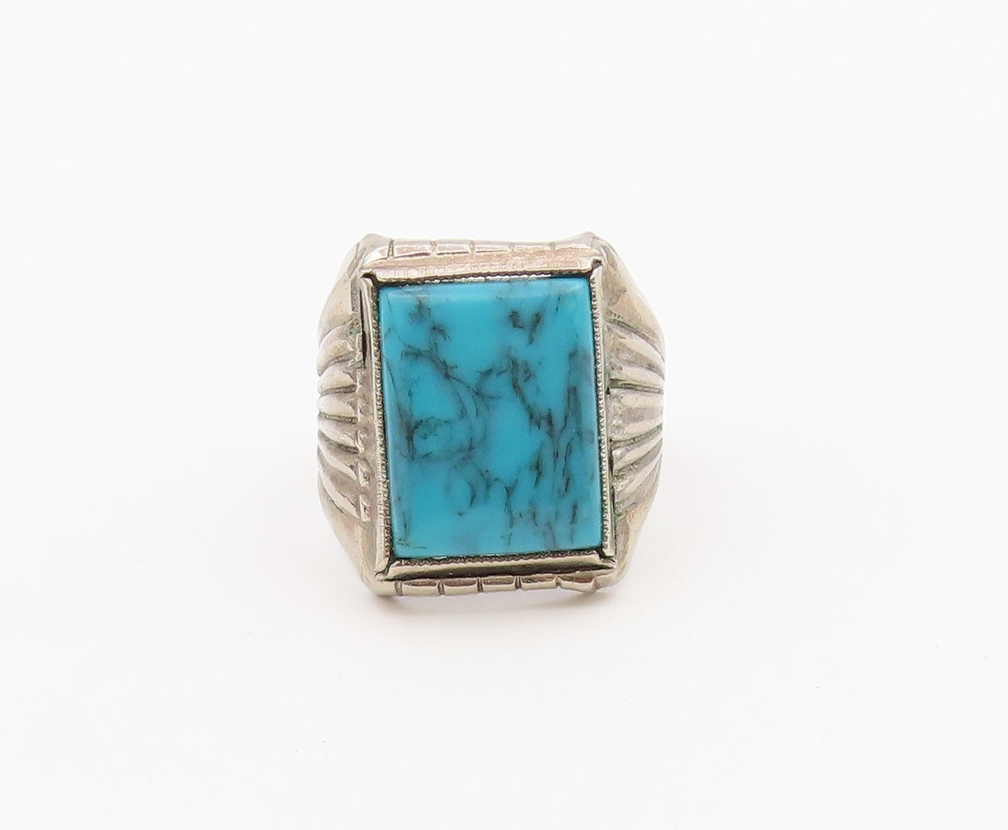 925 Sterling Silver Vintage Ring Turquoise Ribbed Statement Band  Sz 8  RG36634