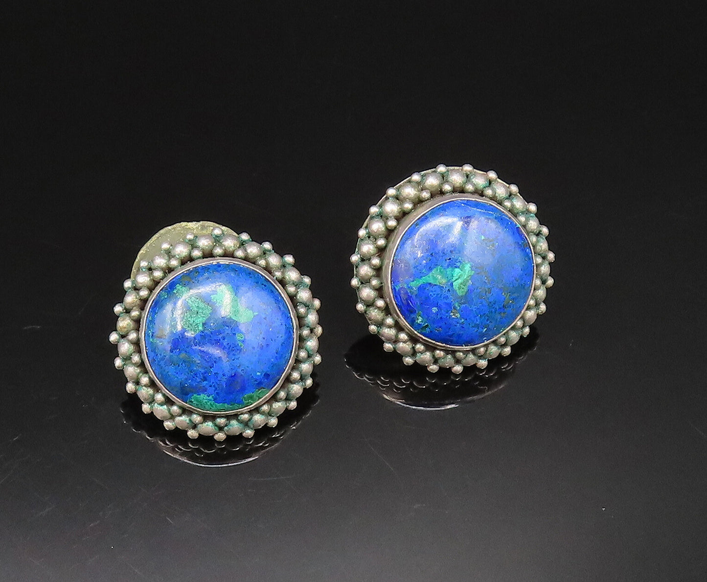 925 Silver  Vintage Beaded Cluster Border Azurite Stud Earrings  EG11730