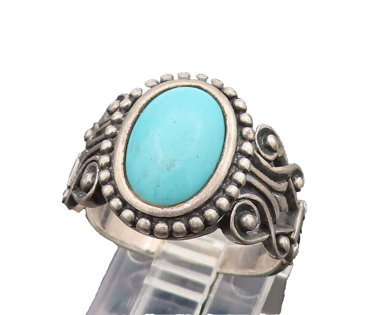 AVON 925 Silver  Vintage Beaded Frame & Open Swirl Turquoise Ring Sz 9 RG26355