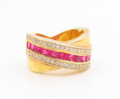 925 Sterling Silver Vintage Ring Gold Plated Ruby & Topaz Crossover Sz 7 RG35988