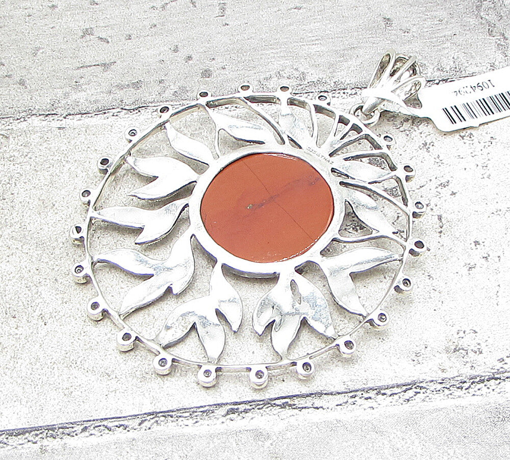 925 Sterling Silver  Red Jasper & Marcasite Floral Drop Pendant  PT1383