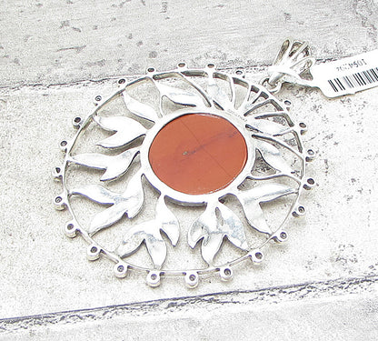 925 Sterling Silver  Red Jasper & Marcasite Floral Drop Pendant  PT1383