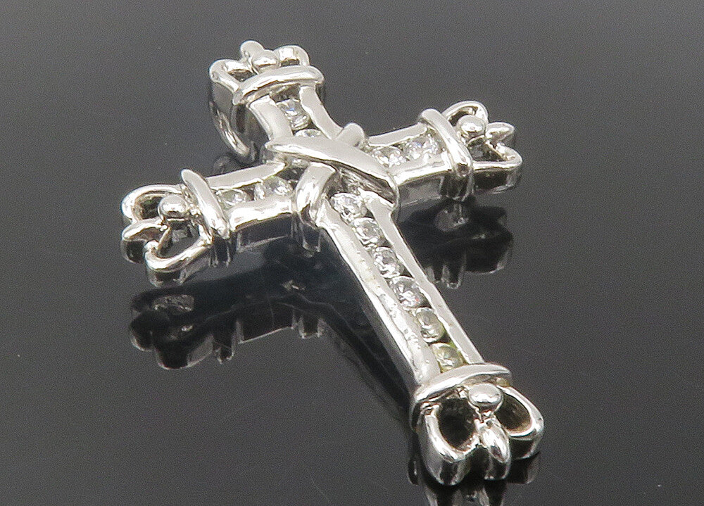 925 Sterling Silver  Shiny White Topaz Crowned Religious Cross Pendant  PT9678