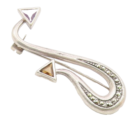 925 Silver  Vintage Citrine Amethyst & Marcasite Arrows Brooch Pin  BP8514