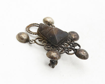 MEXICO 925 Silver  Vintage Antique Face Carved Brown Stone Brooch Pin  BP3617