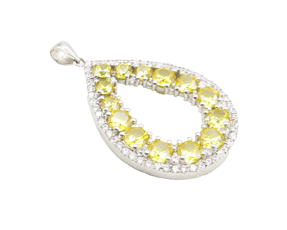 925 Sterling Silver  Shiny Yellow & White Topaz Open Tear Drop Pendant  PT7311
