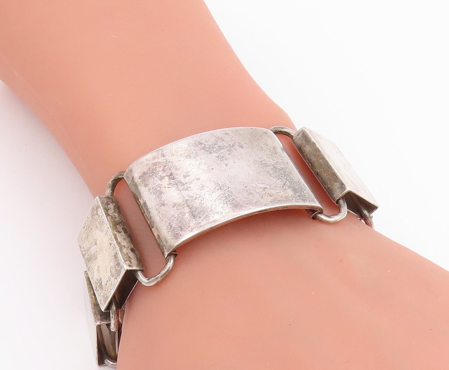 925 Sterling Silver Vintage Bracelet PERU Modernist Geometric Panel Link BT11817