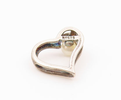 925 Silver  Vintage Dainty Cultured Pearl Floating Love Heart Pendant  PT20838
