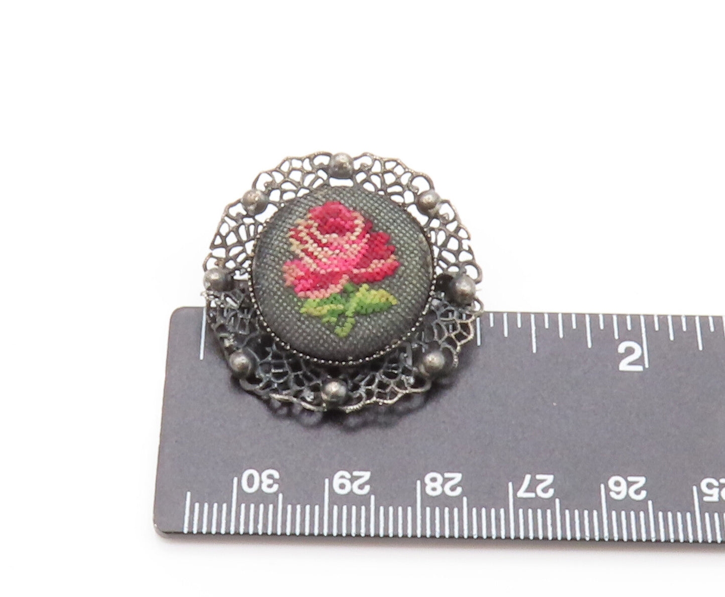 925 Silver  Vintage Beaded & Openwork Knitted Rose Flower Brooch Pin  BP10096