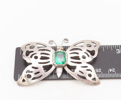 925 Silver  Vintage Cutout Butterfly Spinel Lab Emerald Brooch Pin  BP10524