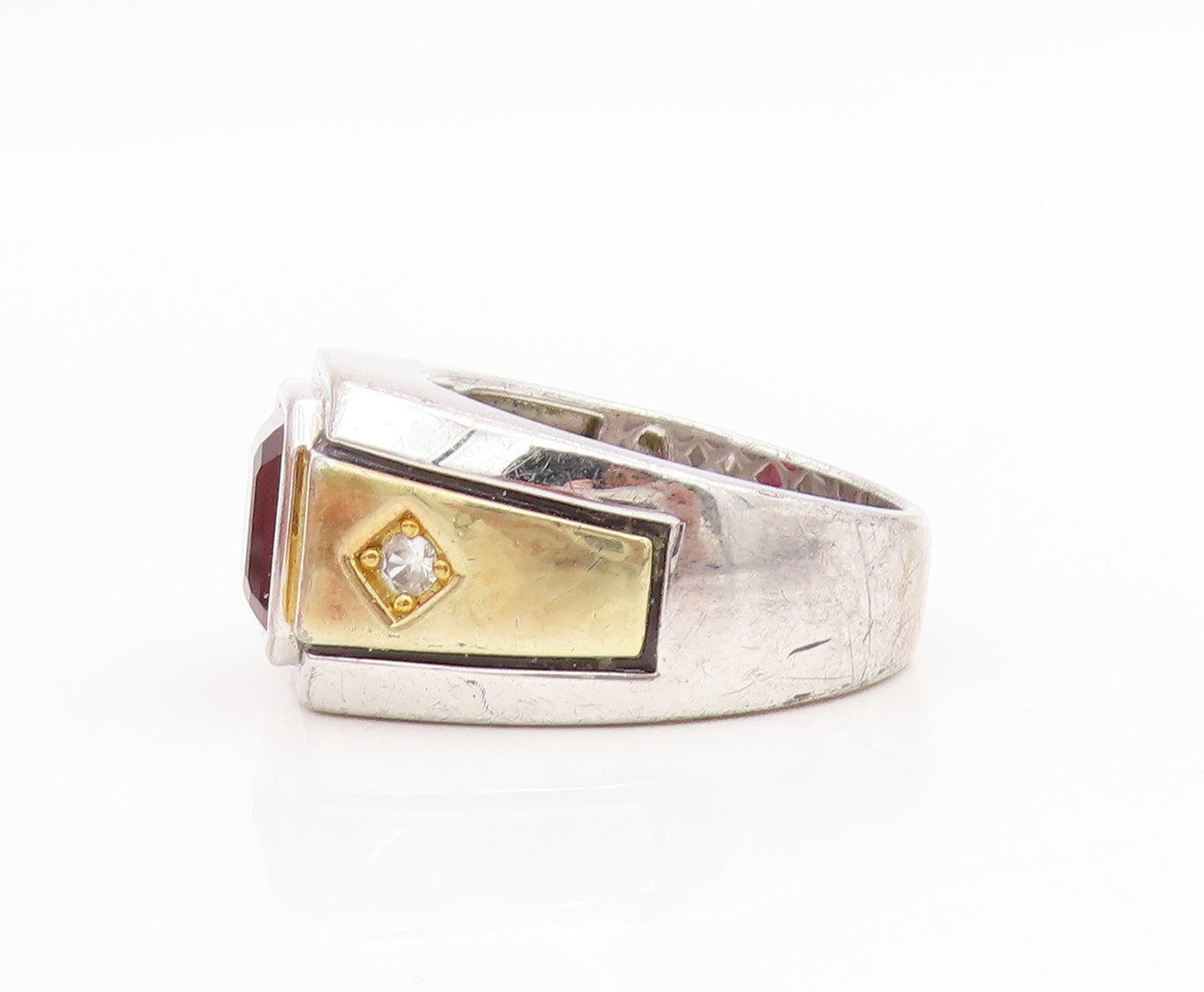 925 Sterling Silver Vintage Ring Cushion Cut CZ Two Tone Band  Sz 10.5  RG34377