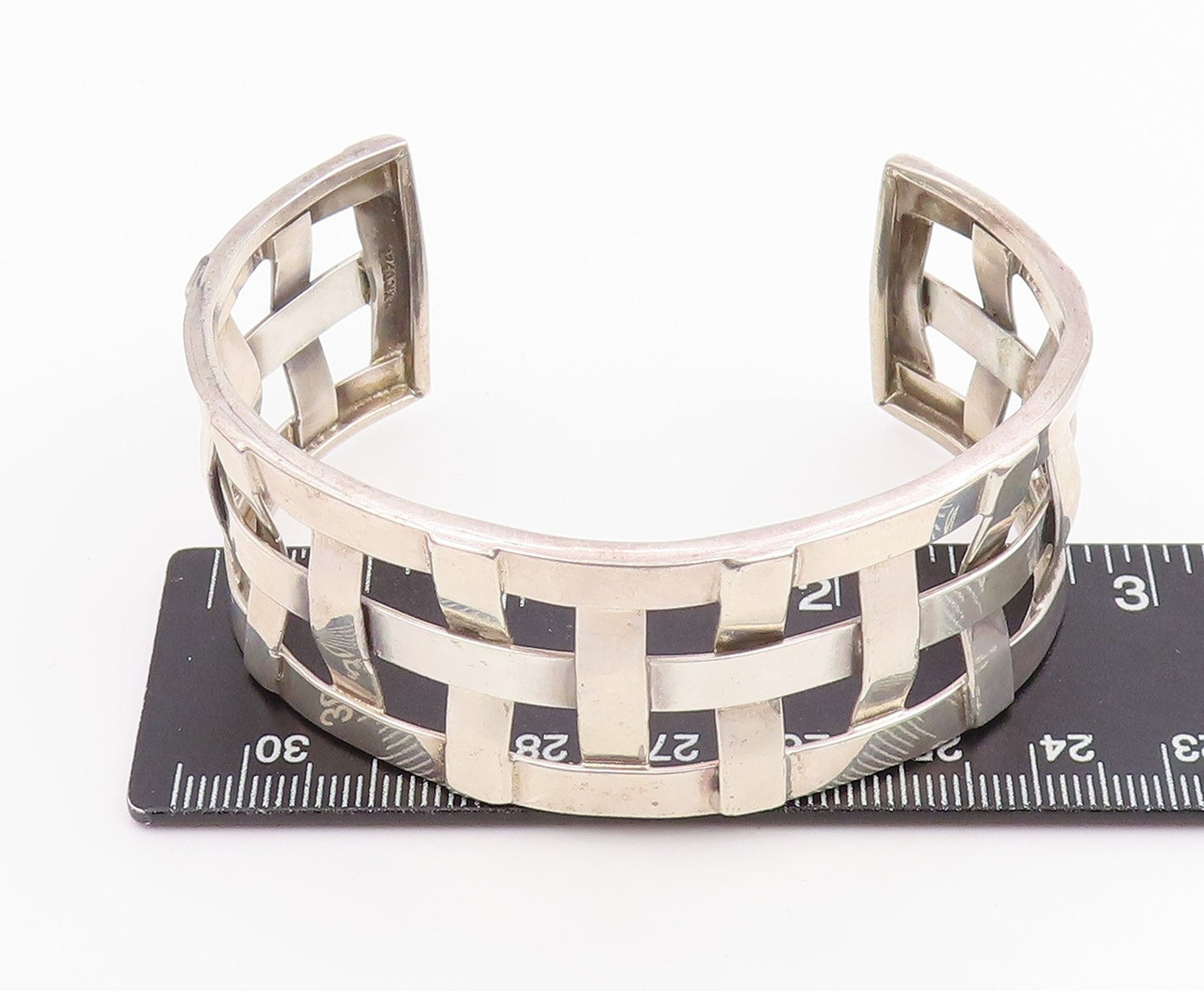 925 Sterling Silver Vintage Bracelet Modernist Basketweave Wide Cuff  BT11942
