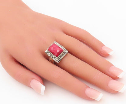 925 Sterling Silver Vintage Ring Floral Carved Frame Red Gemstone  Sz 8  RG30225
