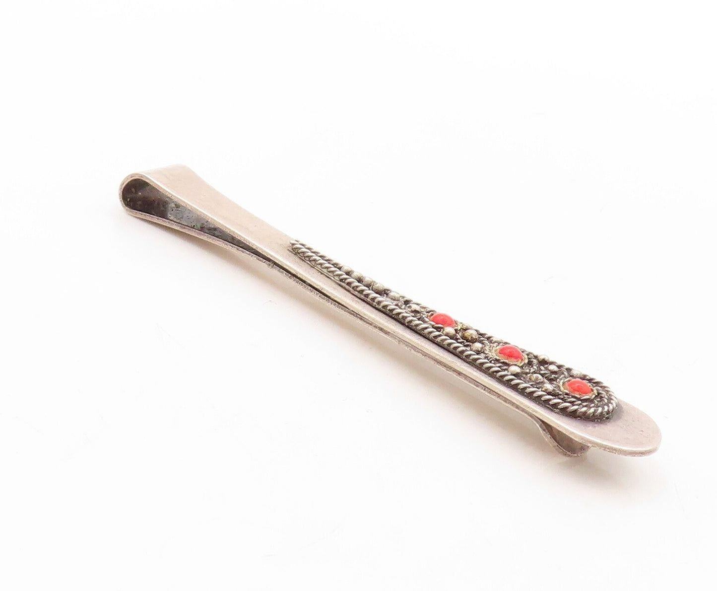 925 Sterling Silver Vintage Tie Clip ISRAEL Carved Red Gemstones TR3786