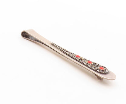 925 Sterling Silver Vintage Tie Clip ISRAEL Carved Red Gemstones TR3786