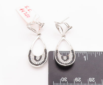 925 Sterling Silver Vintage Earrings Drop Shape Designer Onyx & CZ Bands EG12968