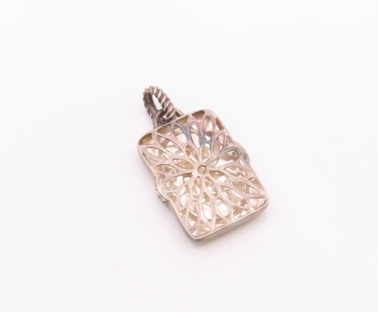 925 Silver  Vintage Carved Rose Flower With Cubic Zirconia Pendant  PT20713