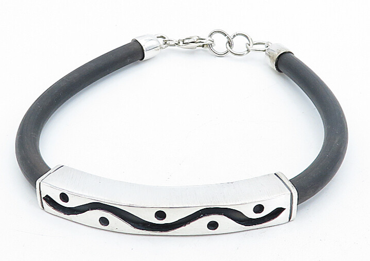 925 Sterling Silver  Swirl Dot Cutout Design Flexible Rubber Bracelet  BT1475