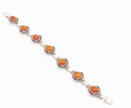 925 Sterling Silver Vintage Bracelet Cabochon Honey Amber Link Chain  BT11849