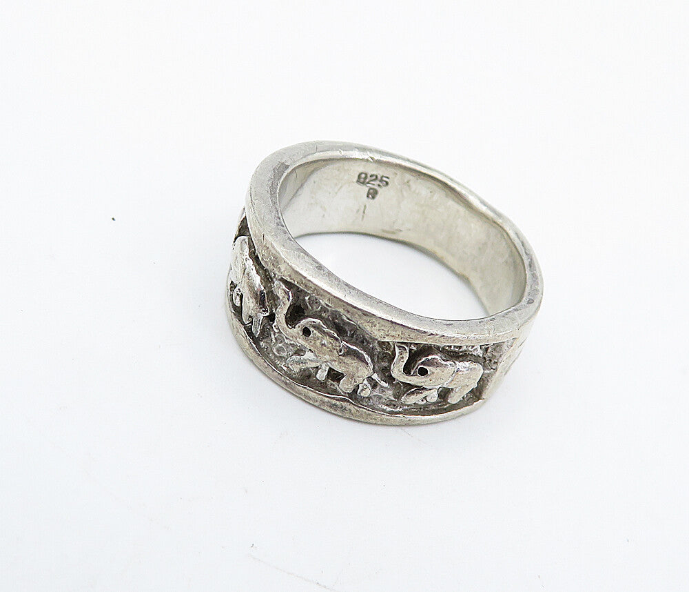 925 Sterling Silver Vintage Raised Elephant Pattern Band Ring Sz 6.5 RG4884