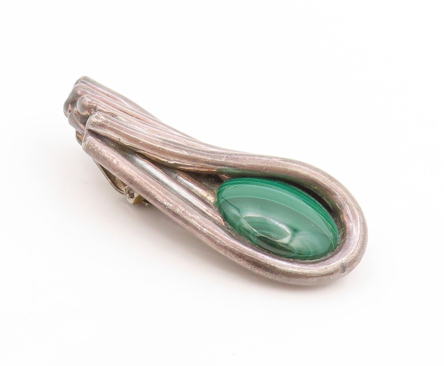 925 Sterling Silver Vintage Earrings Malachite Bold Swirly Large Clip On EG14025