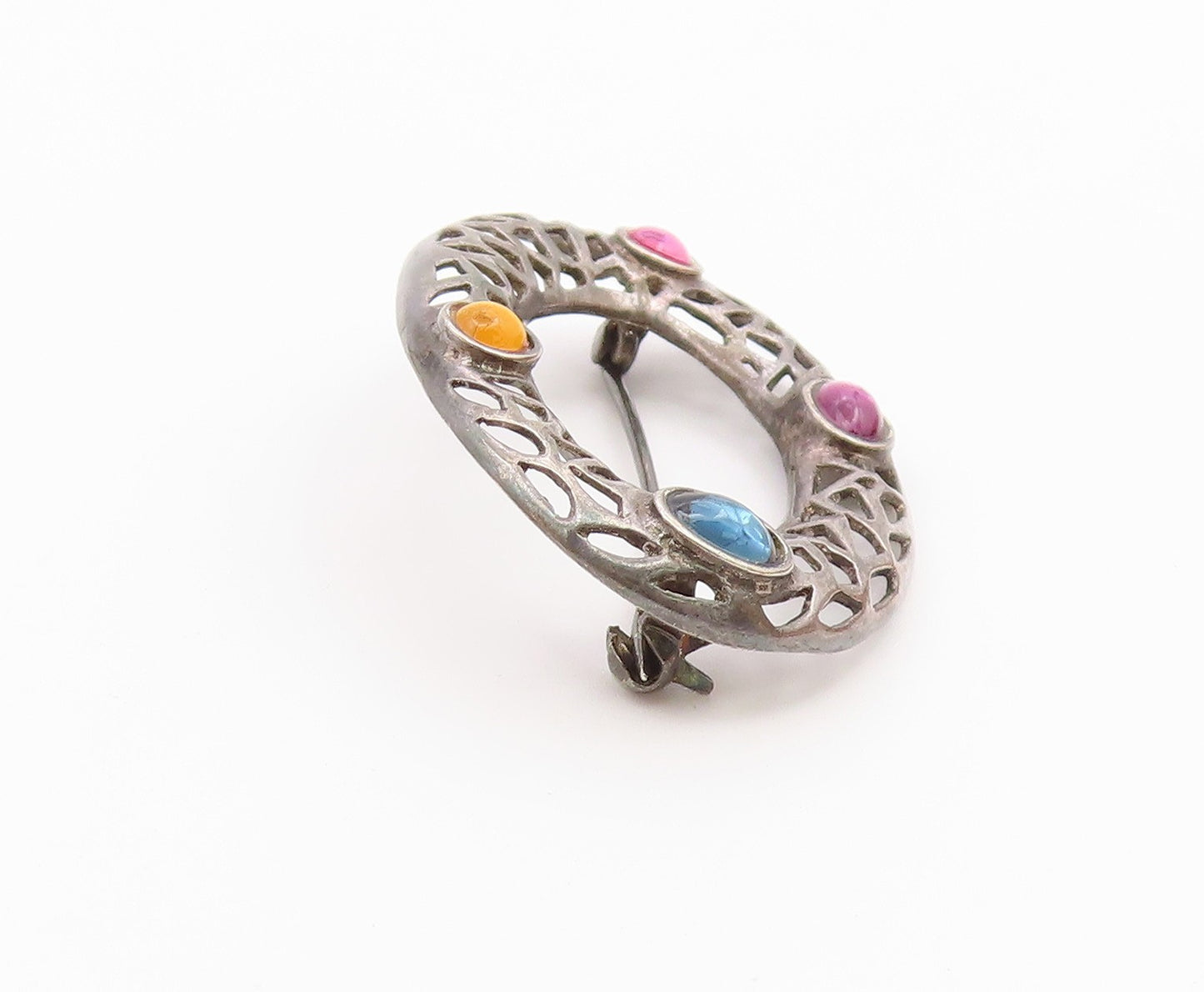 925 Silver  Vintage Cabochon Topaz Amethyst & Stones Oval Brooch Pin  BP10167