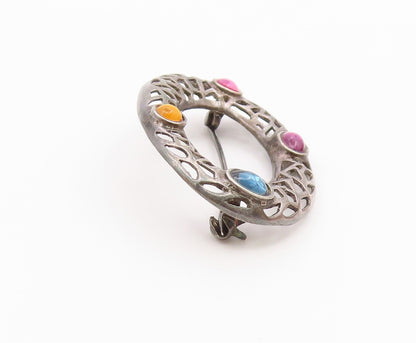 925 Silver  Vintage Cabochon Topaz Amethyst & Stones Oval Brooch Pin  BP10167