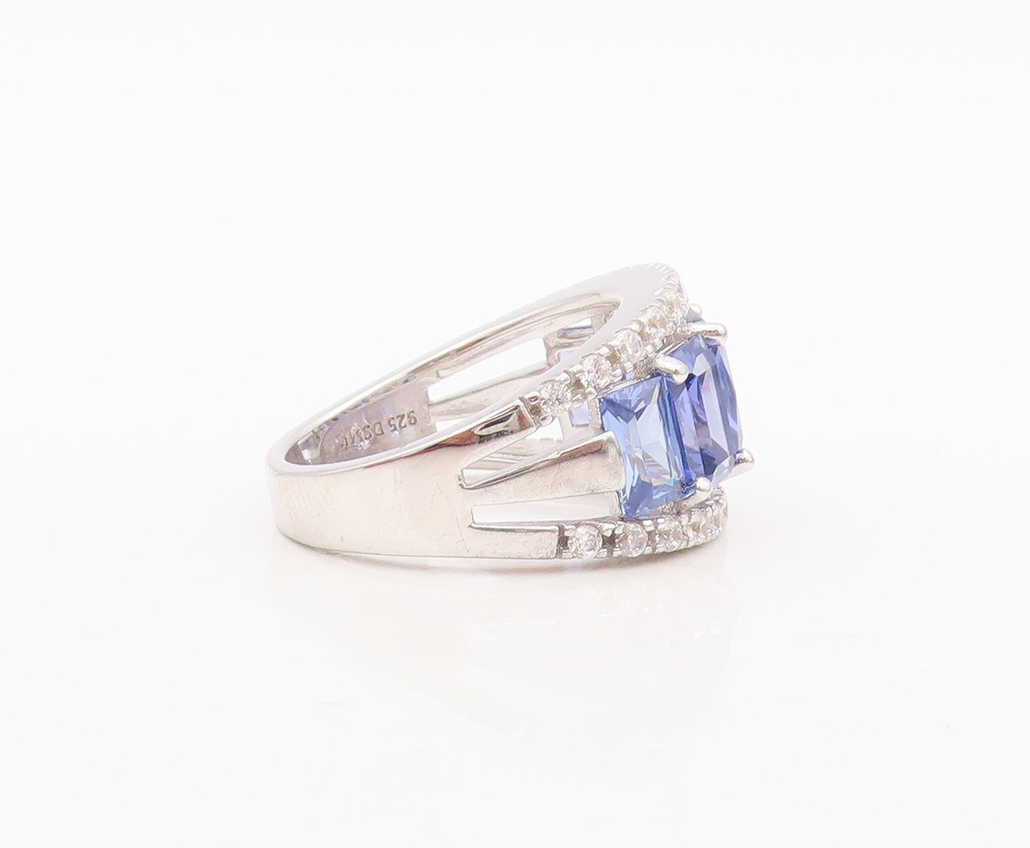 925 Sterling Silver Vintage Ring Split Band Rectangle Sapphire & CZ Sz 7 RG30350